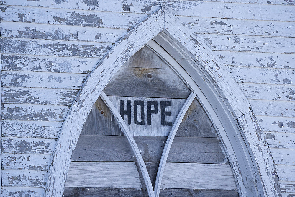 Message of hope on an abandoned church in rural Saskatchewan, Orkney, Saskatchewan, Canada