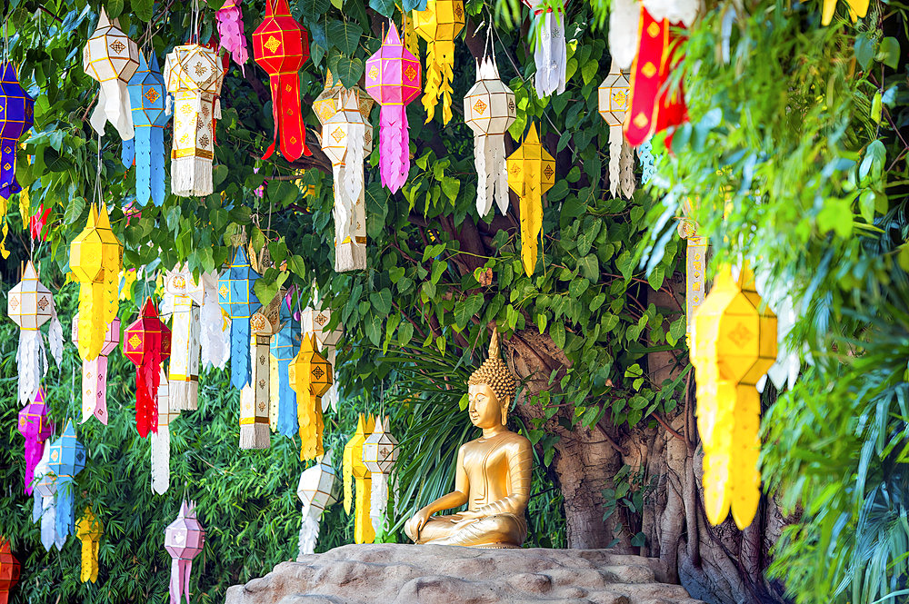 Buddha statue and colorful lanterns, Chiang Mai, Thailand