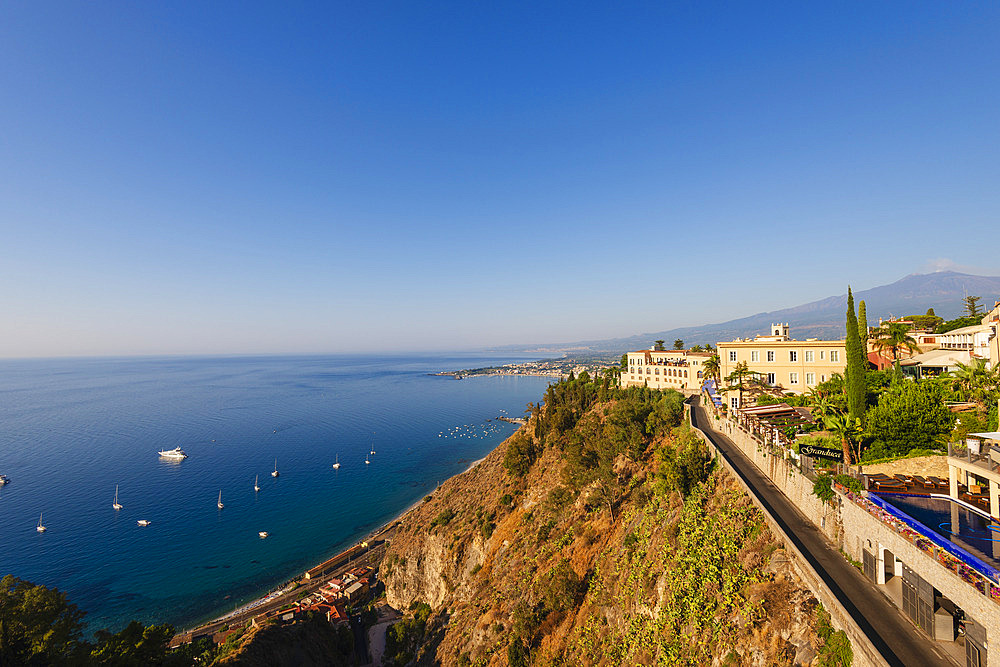 Taormina with Mount Etna in the distance, Sicily, Italy, Taormina, Sicily, Italy