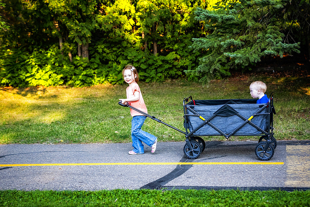 Preschooler girl pulling her younger brother who has Down syndrome in a wagon on a path at a city park during a warm fall evening, Leduc, Alberta, Canada