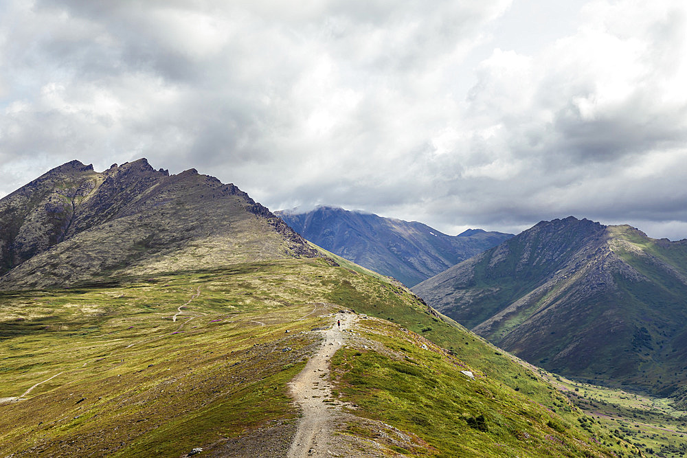 Hiking trail leading along a ridge in a mountain range, Alaska, United States of America