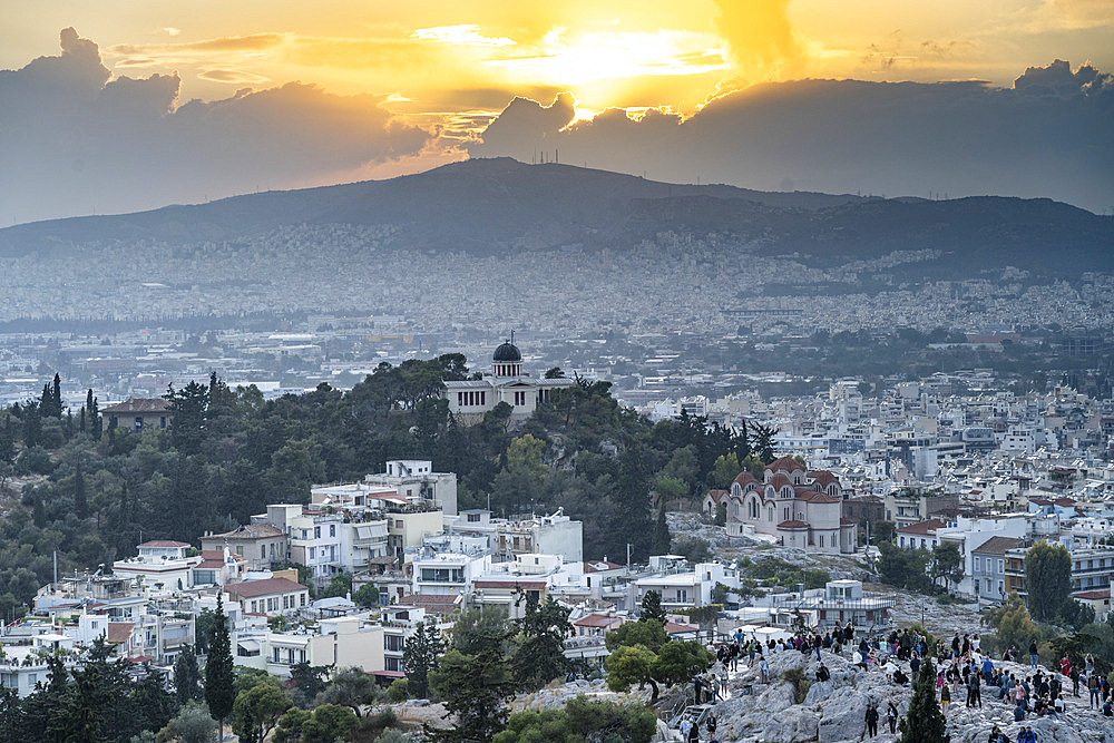 View over the city of Athens from the Acropolis at sunset, Athens, Greece