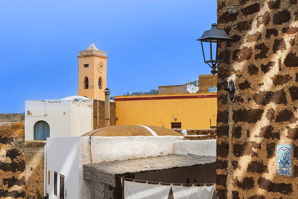 Clock tower and architectural details in Scauri village on the island of Pantelleria, Italy, Pantelleria, Sicily, Italy