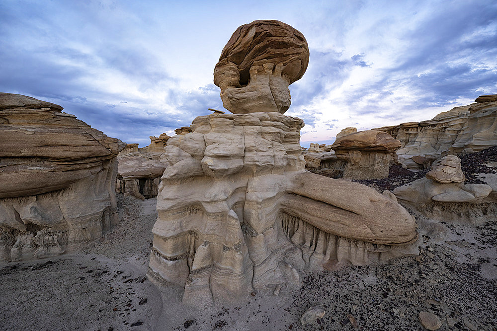 Hoodoos and formations in Valley of Dreams in a remote area of New Mexico at sunset. The hoodoos are formed by erosive forces like wind and rain, Albuquerque, New Mexico, United States of America