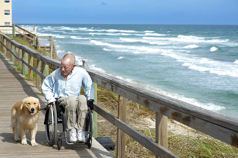 Paraplegic man in a manual wheelchair and his service dog enjoy walking along the ocean promenade, Boynton Beach, Florida, United States of America