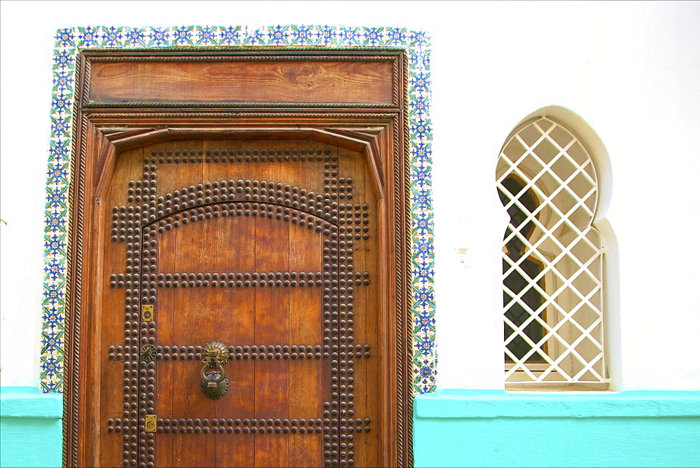 Traditional Moroccan decorative wooden door, Tangier, Morocco, North Africa, Africa