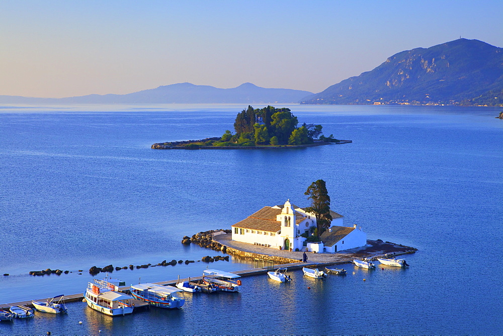 Elevated view to Vlacherna Monastery and the Church of Pantokrator on Mouse Island, Kanoni, Corfu, The Ionian Islands, Greek Islands, Greece, Europe