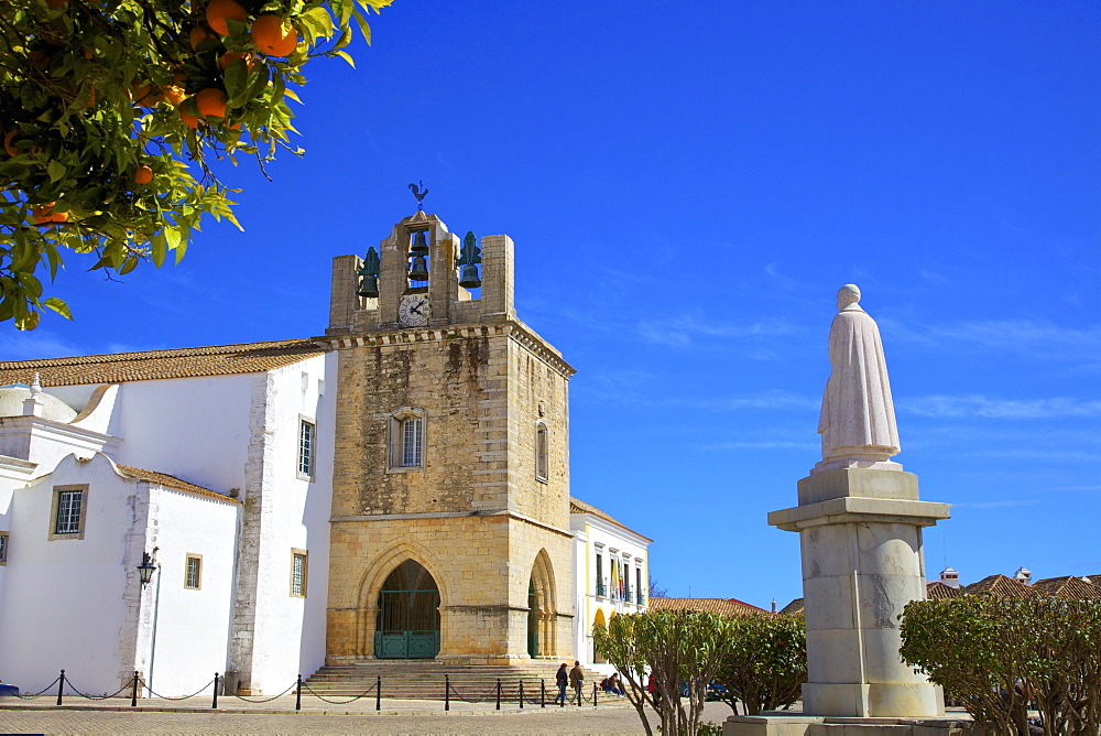 Statue of Grande Bispo D. Francisco Gomes Do Avelar in front of the Cathedral, Faro, Algarve, Portugal, Europe