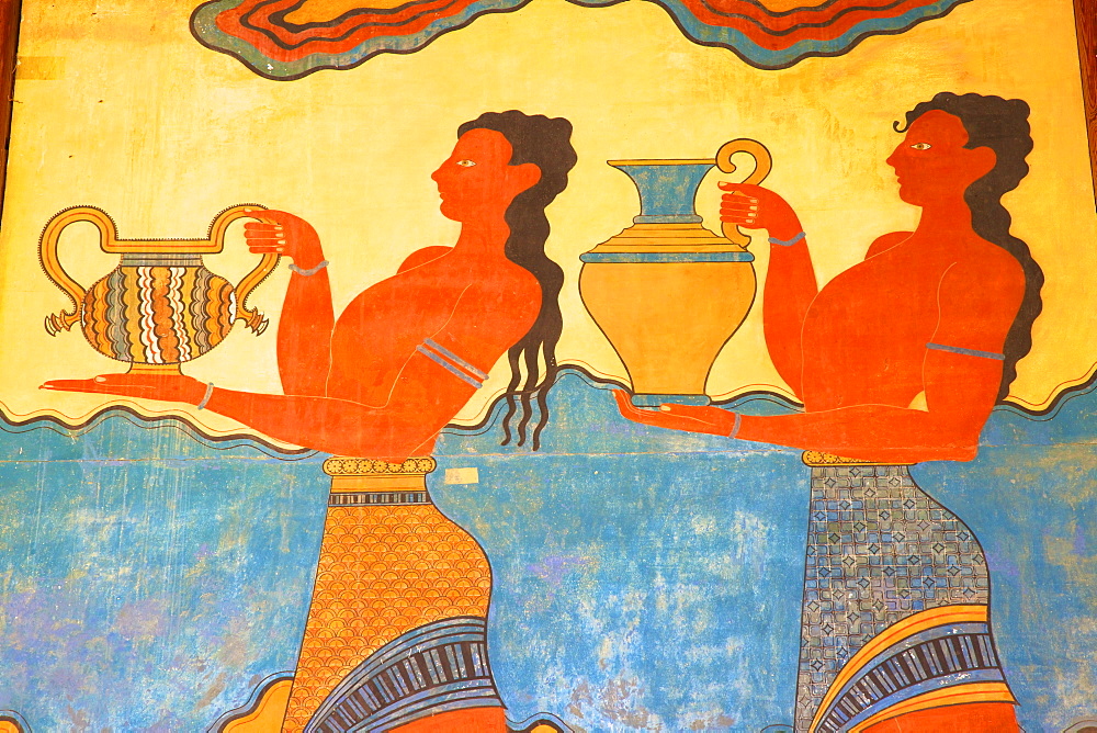 Cup-Bearer fresco in the South Propylon, The Minoan Palace of Knossos, Knossos, Heraklion, Crete, Greek Islands, Greece, Europe