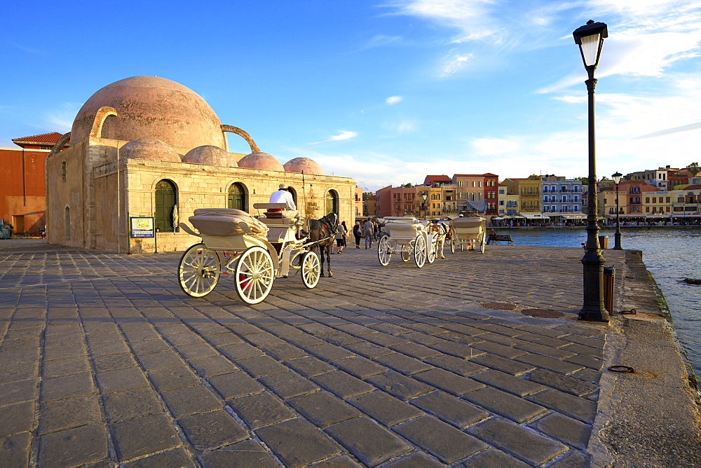 Horse and Carriage Infront Of The Mosque of the Janissaries, Venetian Harbour, Chania, Crete, Greek Islands, Greece, Europe