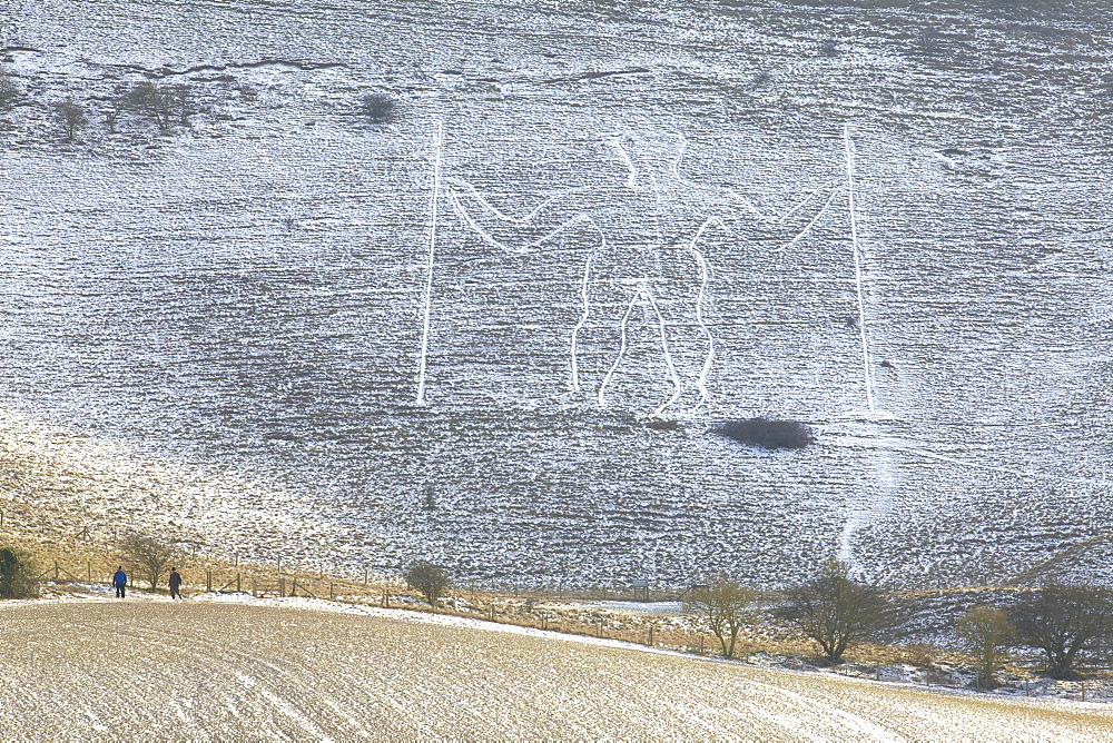 Snow covered Long Man of Wilmington, Wilmington, South Downs, East Sussex, England, United Kingdom, Europe