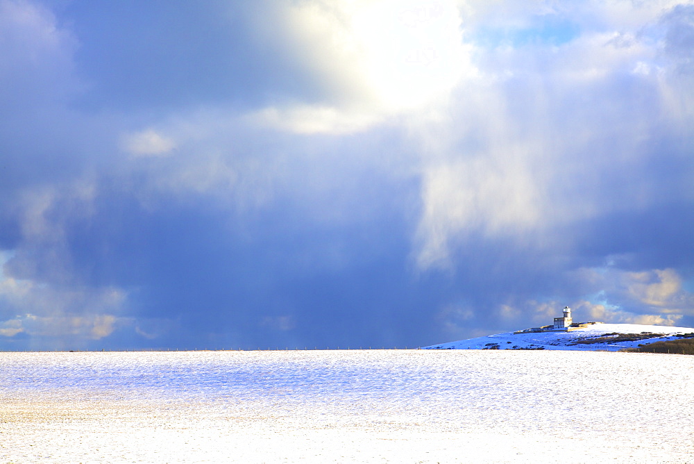 The Belle Tout Lighthouse surrounded by snow, Beachy Head, South Downs, East Sussex, England, United Kingdom, Europe