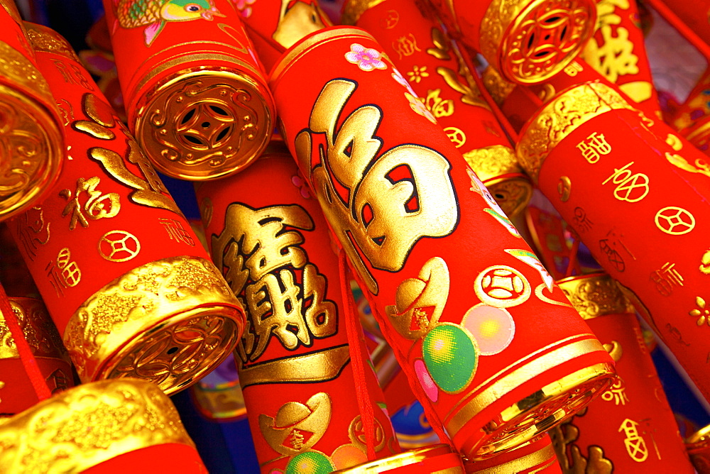 Imitation fire crackers used as Chinese New Year decorations, Hong Kong, China, Asia