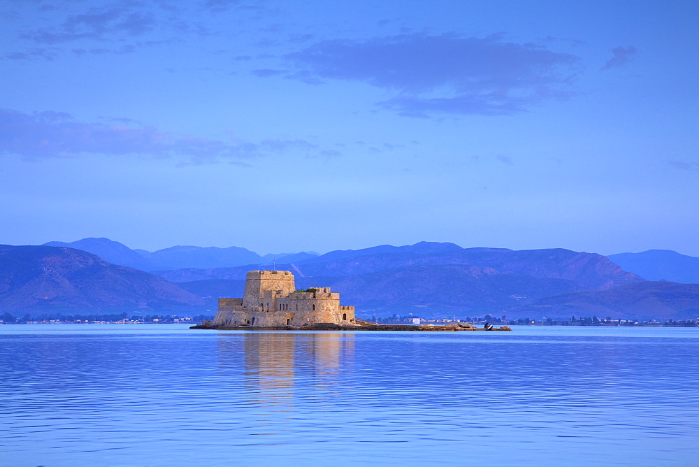 Bourtzi Castle at sunrise, Nafplio, Argolis, The Peloponnese, Greece, Europe