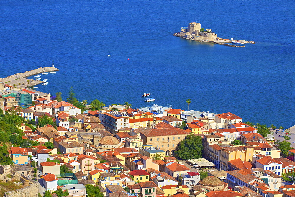 Bourtzi Castle and Nafplio Old Town from Palamidi Castle, Nafplio, Argolis, The Peloponnese, Greece, Europe