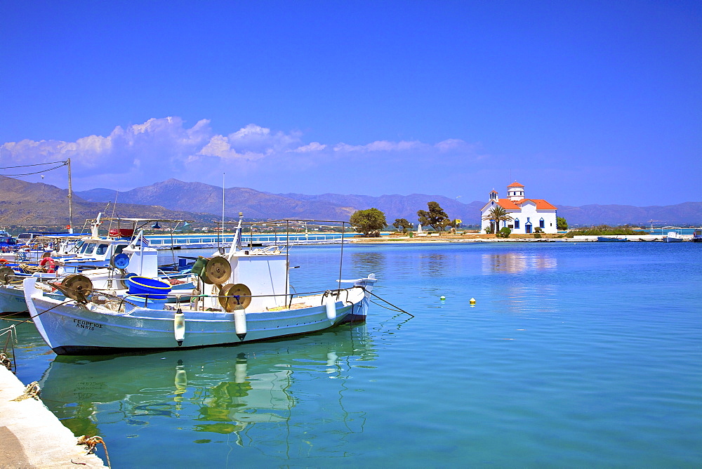 The Harbour and Agios Spyridon Church, Elafonisos Island, Laconia, The Peloponnese, Greece, Europe