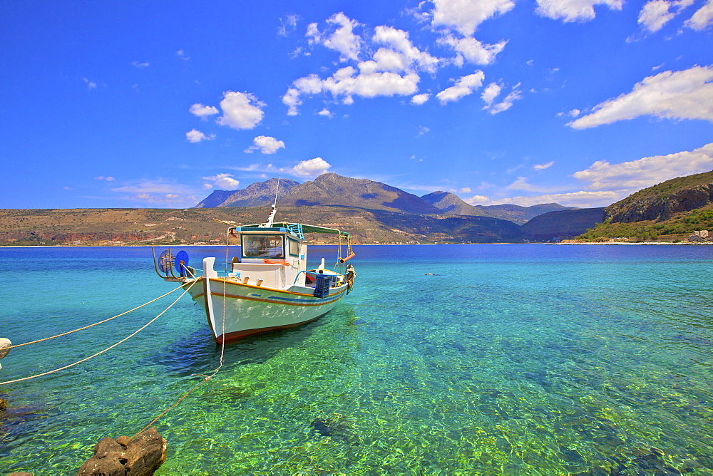 Fishing boat, Limeni, Mani Peninsula, The Peloponnese, Greece, Europe