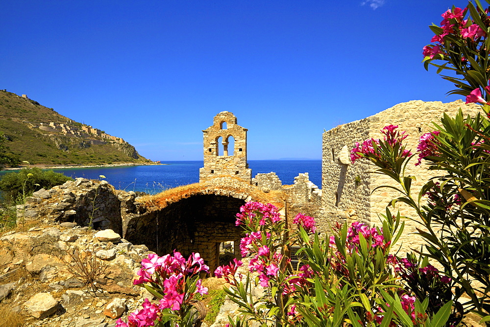 Ruined church, Limeni, Mani Peninsula, The Peloponnese, Greece, Europe