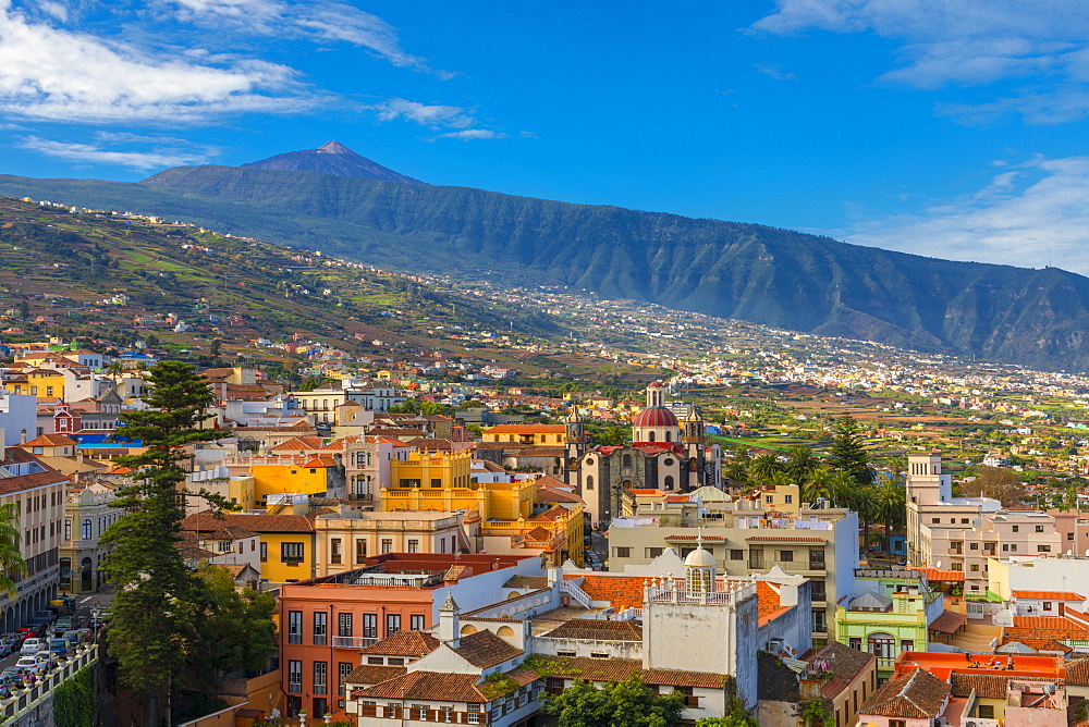 View over La Orotava towards Mount Teide, Tenerife, Canary Islands, Spain, Atlantic Ocean, Europe