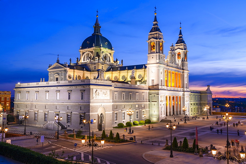 Exterior of Almudena Cathedral at dusk, Madrid, Spain, Europe