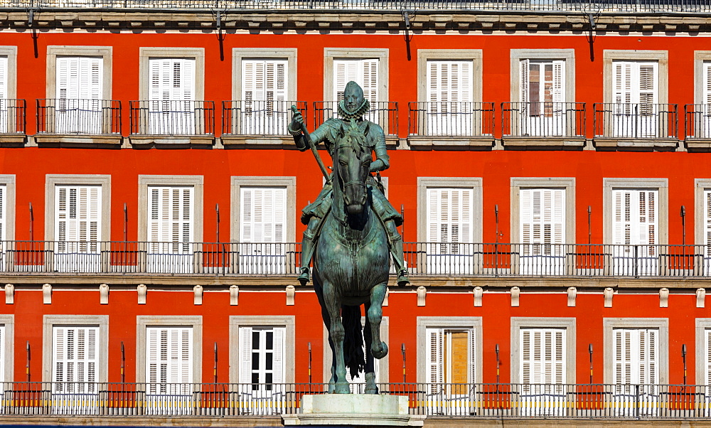 Statue of King Philip lll in the Plaza Mayor, Madrid, Spain, Europe