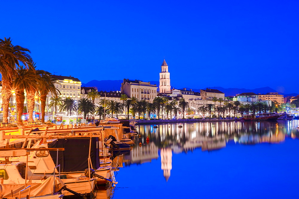 Split Harbour with Cathedral of Saint Domnius at dusk, Split, Dalmatian Coast, Croatia, Europe