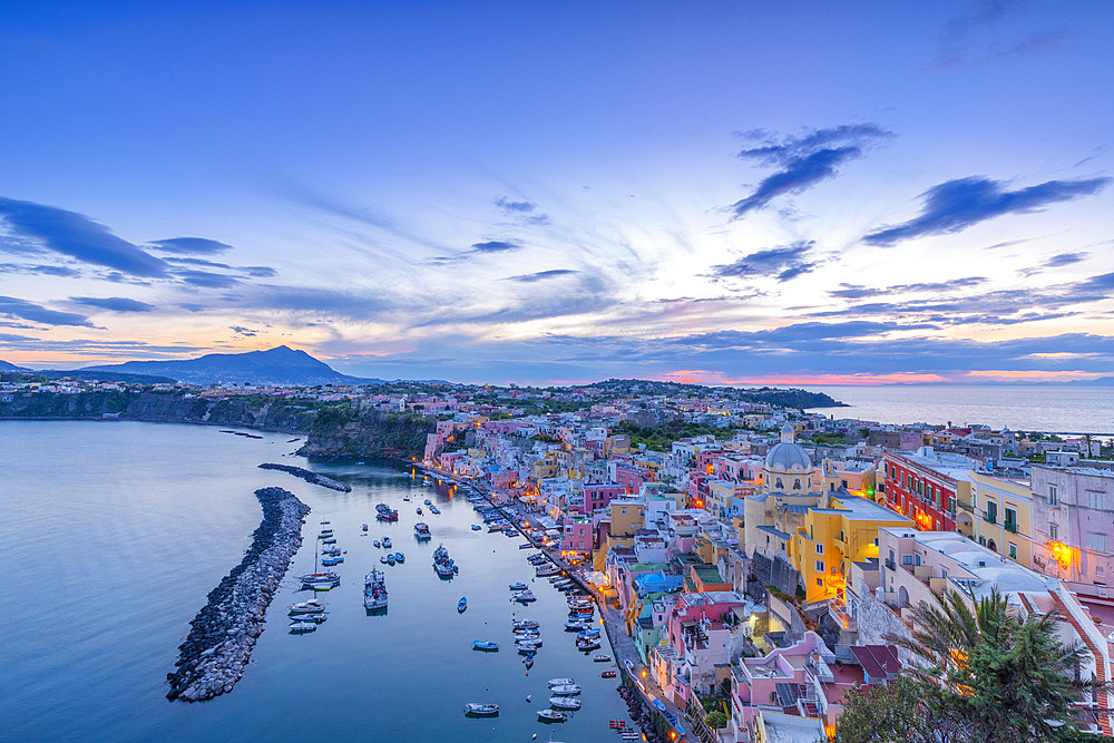 Marina di Corricella at sunset, Procida, Flegrean Islands, Campania, Italy, Europe