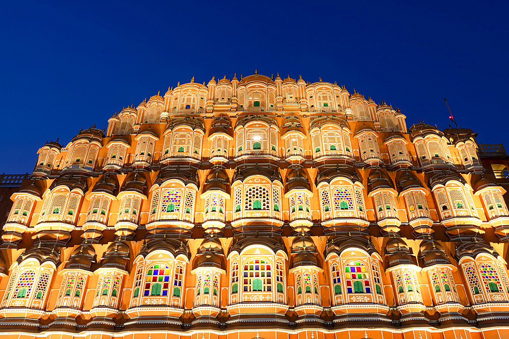 Hawa Mahal (Palace of the Winds) at dusk, Jaipur, Rajasthan, India, South Asia, Asia