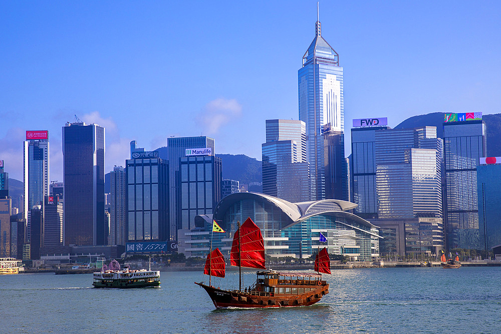 A Red Sail Junk in Hong Kong Harbour, Hong Kong, Special Administrative Region of the People's Republic of China, China, Asia