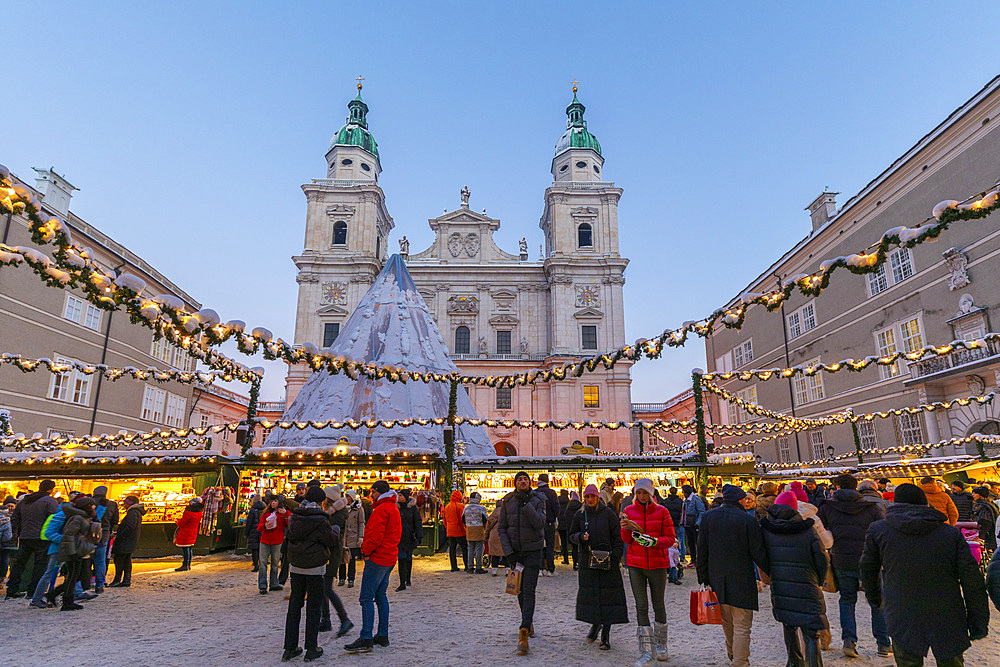 Christmas Market at dusk, Salzburg, Austria, Europe