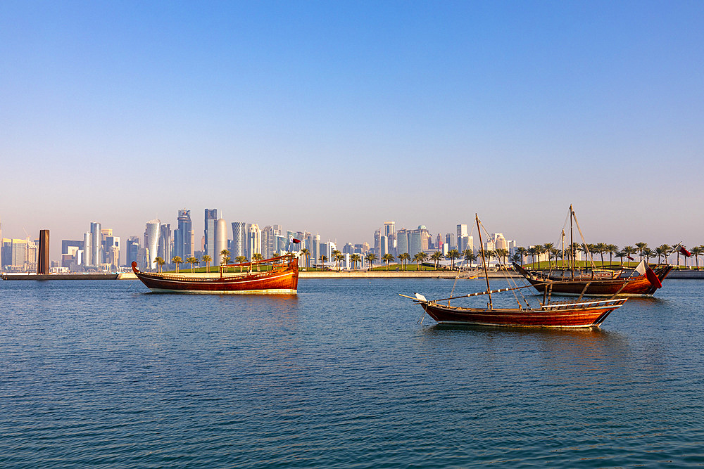 Doha Skyline and Traditional Dhow, Doha, Qatar, Middle East