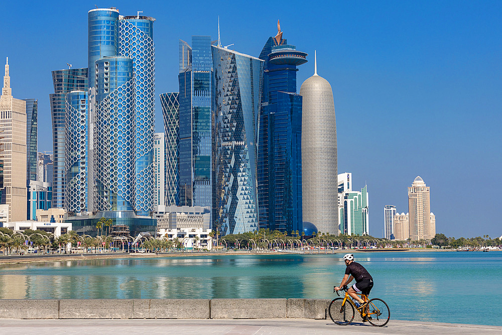 A Cyclist against the West Bay Skyline, Doha, Qatar, Middle East