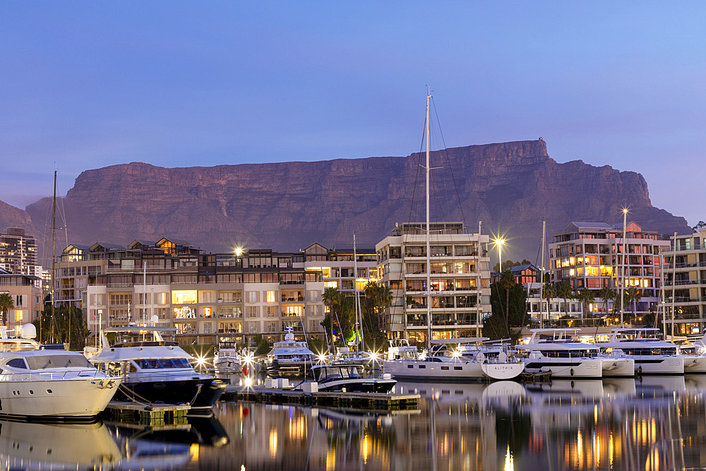 V&A (Victoria and Alfred) Waterfront and Table Mountain at dusk, Cape Town, Western Cape Province, South Africa, Africa