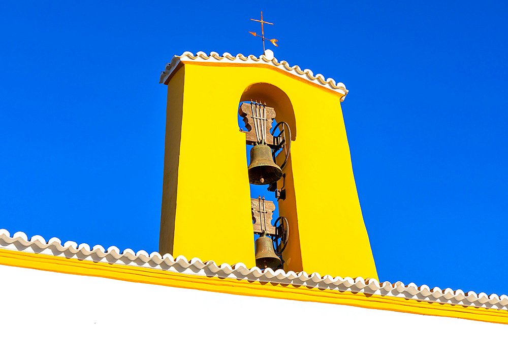 Bell tower, Santa Gertrudis de Fruitera Church, Santa Gertrudis de Fruitera, Ibiza, Balearic Islands, Spain, Mediterranean, Europe