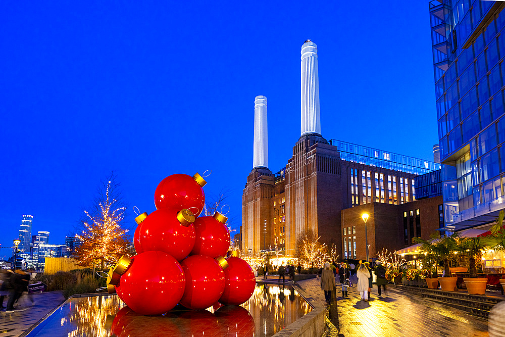 Christmas Decorations at Battersea Power Station at dusk, Battersea, London, England, United Kingdom.