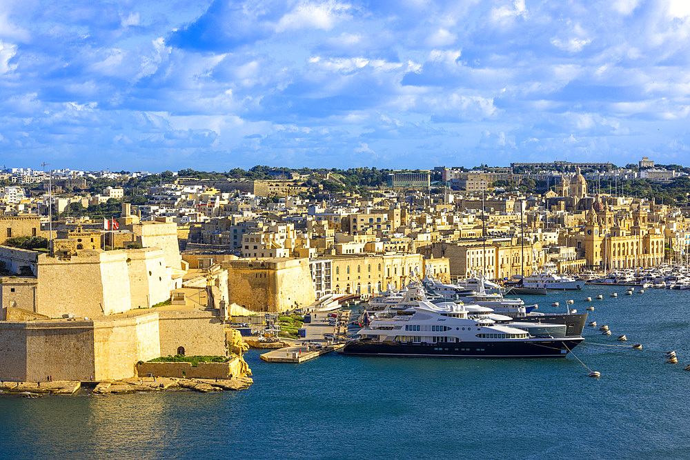 View of Birgu and Fort St. Angelo from the Upper Barrakka Gardens, Valletta, Malta, Southern Europe