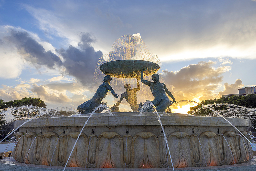 Triton's Fountain at Sunset, Floriana, Valletta, Malta, Southern Europe