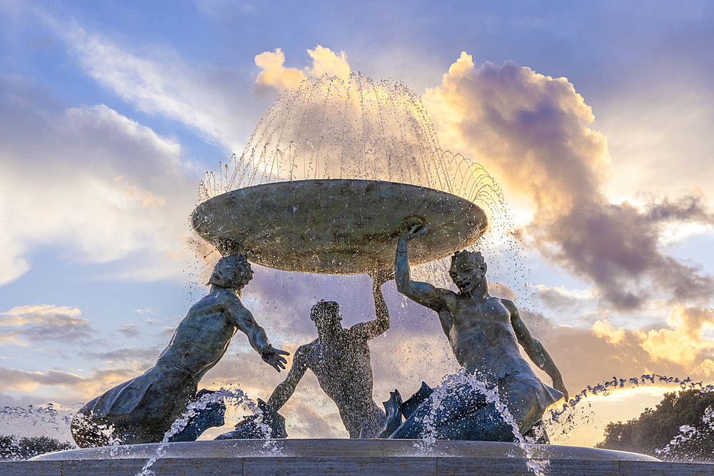 Triton's Fountain at Sunset, Floriana, Valletta, Malta, Southern Europe