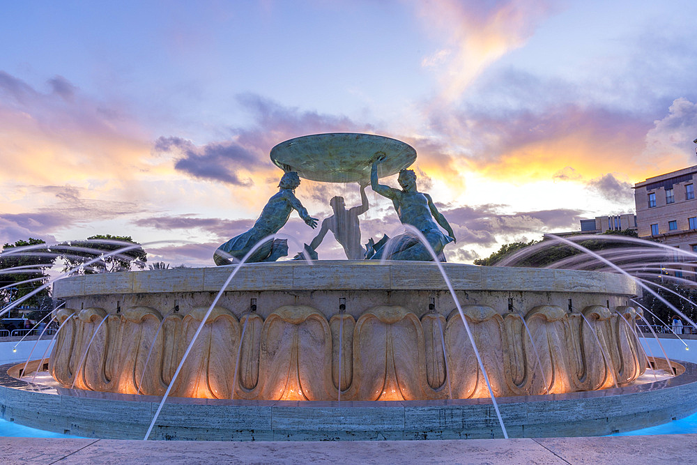 Triton's Fountain at Sunset, Floriana, Valletta, Malta, Southern Europe