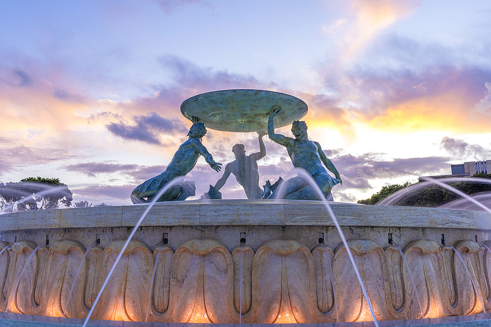 Triton's Fountain at Sunset, Floriana, Valletta, Malta, Southern Europe