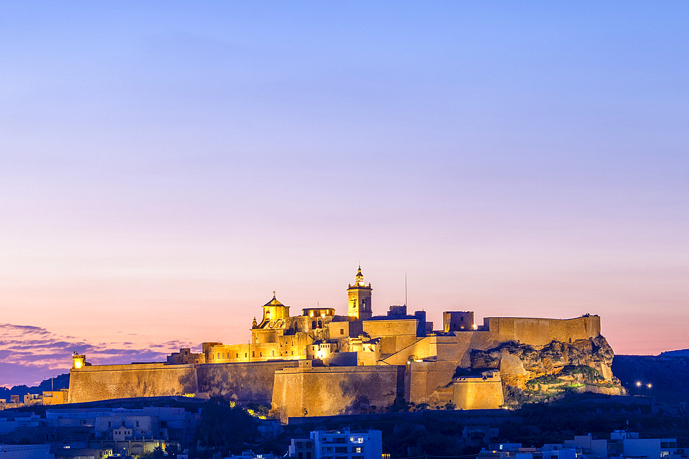 Cathedral of the Assumption at Dusk, Cittadella of Victoria, Gozo, Malta, Southern Europe