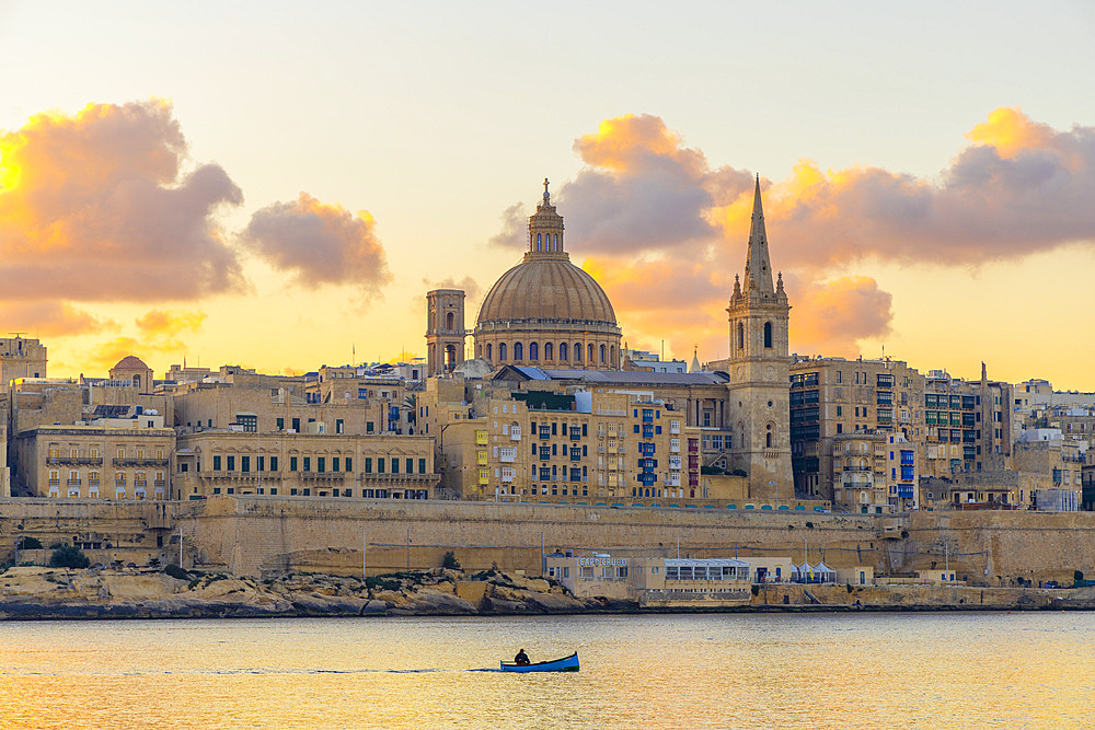 St Paul’s Pro-Cathedral and The Basilica of Our Lady of Mount Carmel at Sunrise, Marsamxett Harbour, Valletta, Malta, Southern Europe