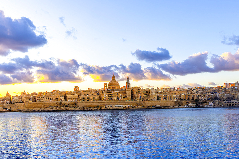 St Paul’s Pro-Cathedral and The Basilica of Our Lady of Mount Carmel at Sunrise, Marsamxett Harbour, Valletta, Malta, Southern Europe