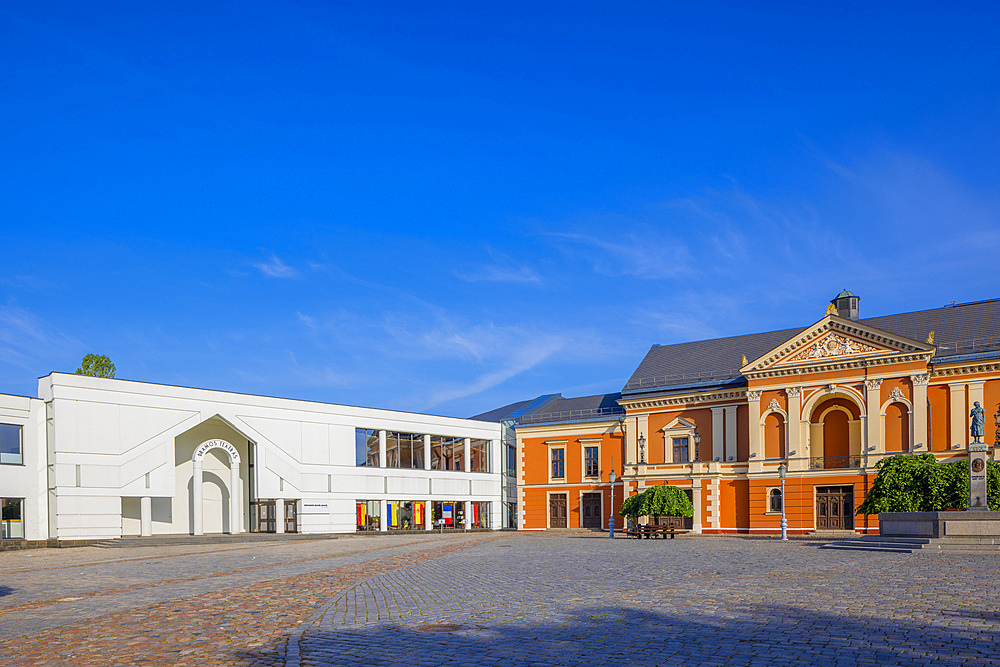 The Neoclassical Klaipeda Drama Theatre with the New Extension and the Annie from Tharau Statue, Klaipeda, Lithuania, Northern Europe