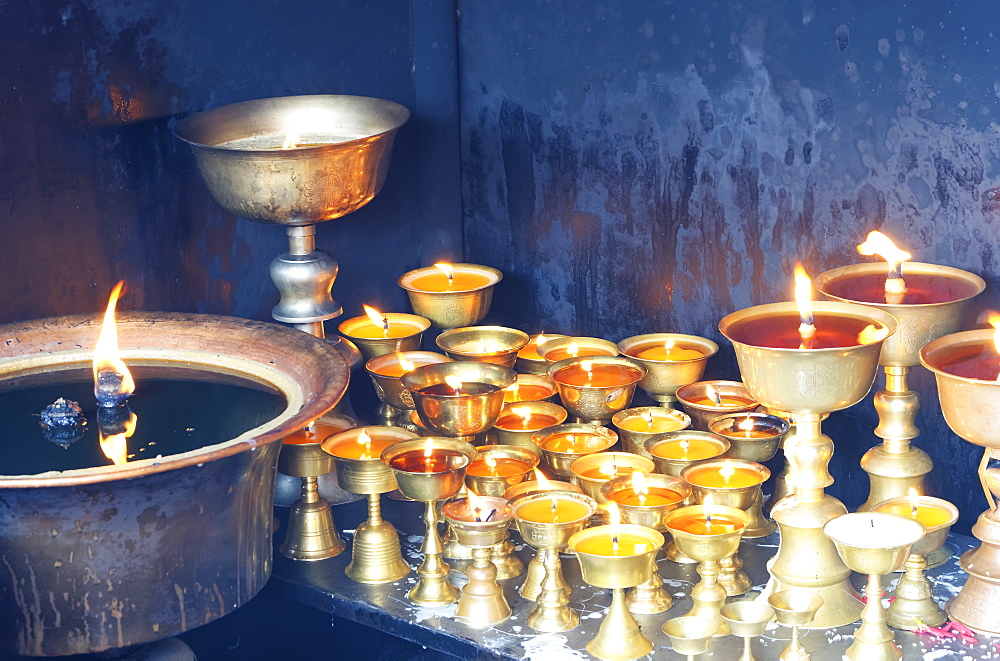 Votive candles, Boudhanath Stupa, UNESCO World Heritage Site, Kathmandu, Nepal, Asia