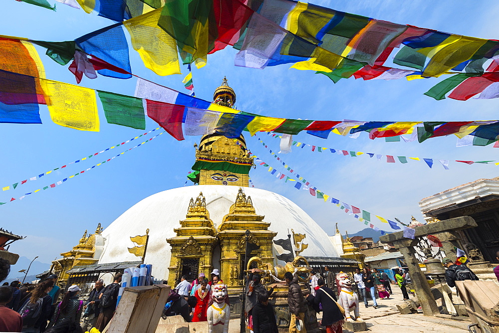 Swayambunath or Monkey Temple, Central Stupa and Buddha eyes, UNESCO World Heritage Site, Kathmandu, Nepal, Asia