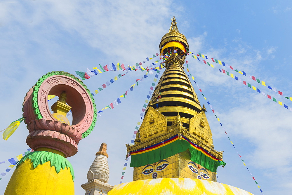 Central Stupa and Buddha eyes, Swayambunath (Monkey Temple), UNESCO World Heritage Site, Kathmandu, Nepal, Asia