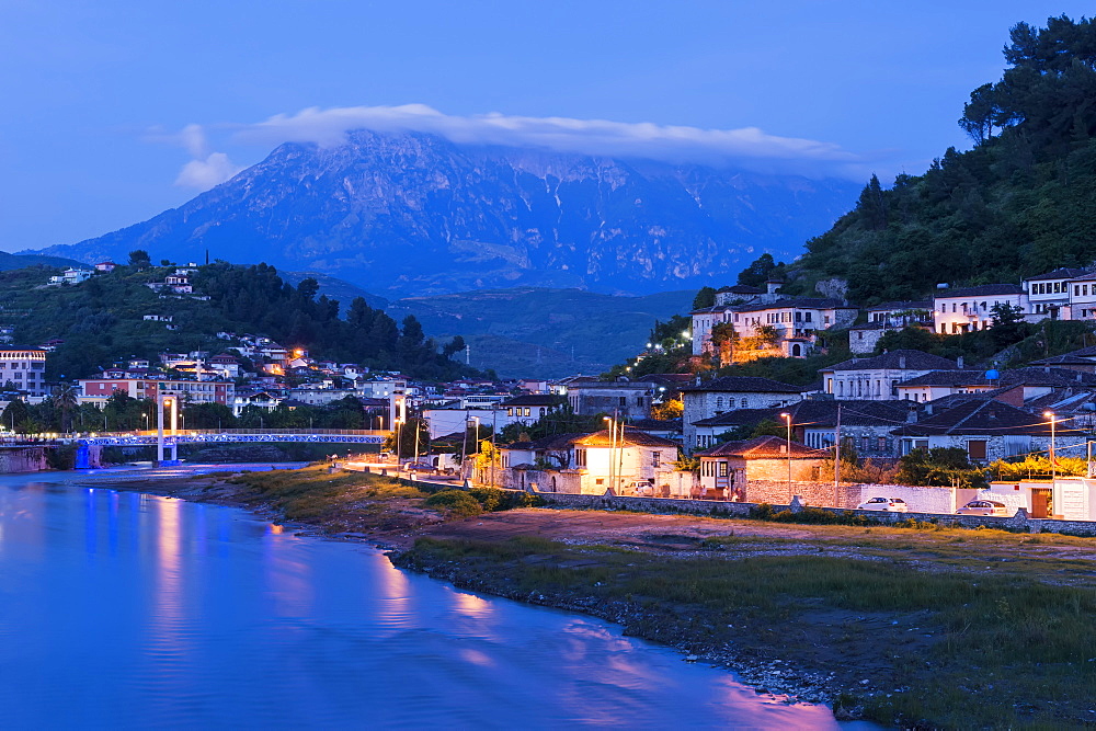 Ottoman houses built on the hills overlooking Berat City at sunset, UNESCO World Heritage Site, Berat, Albania, Europe