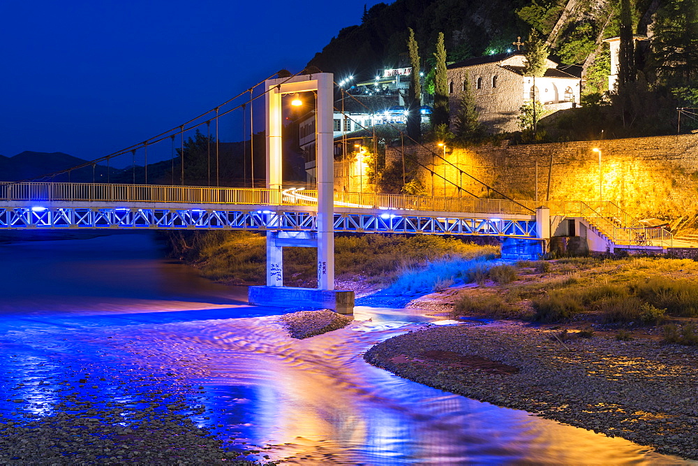 Ottoman houses built on the hills overlooking Berat City at sunset, UNESCO World Heritage Site, Berat, Albania, Europe