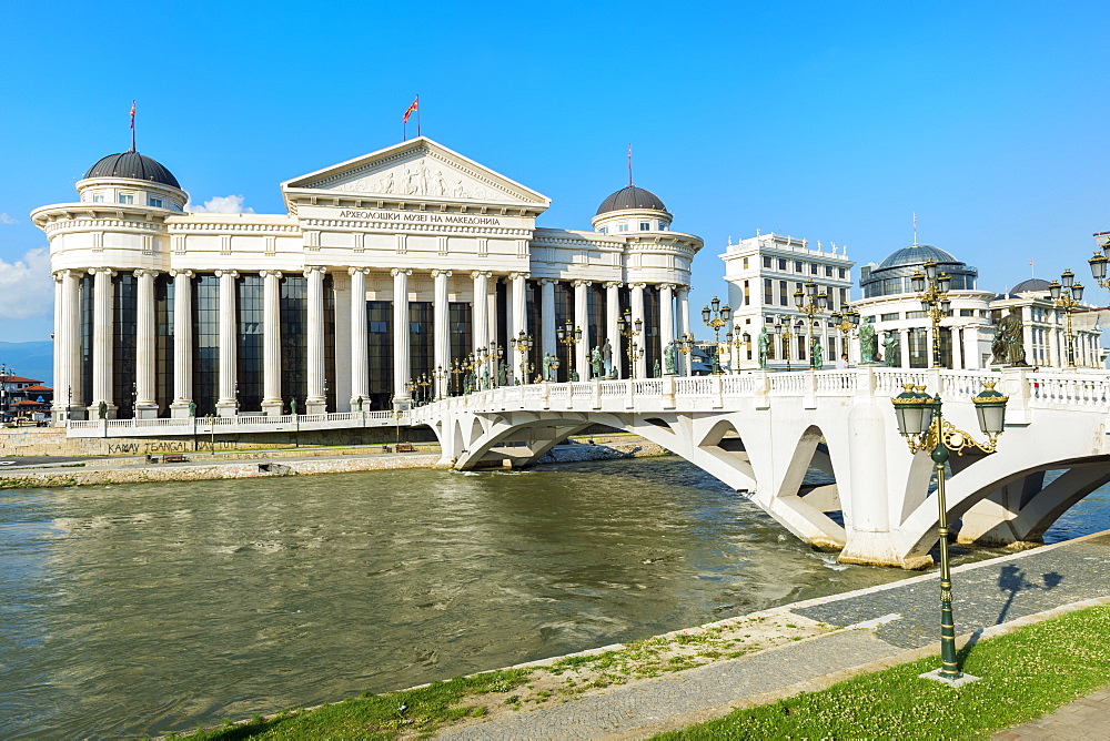 Archaeological Museum of Macedonia along the Vardar River and Eye Bridge, Skopje, Macedonia, Europe